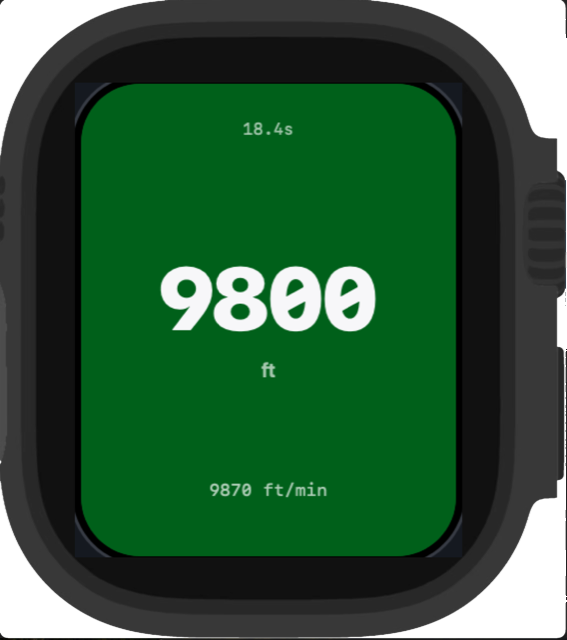 BreakOff freefall screen on an Apple Watch Ultra showing live altitude